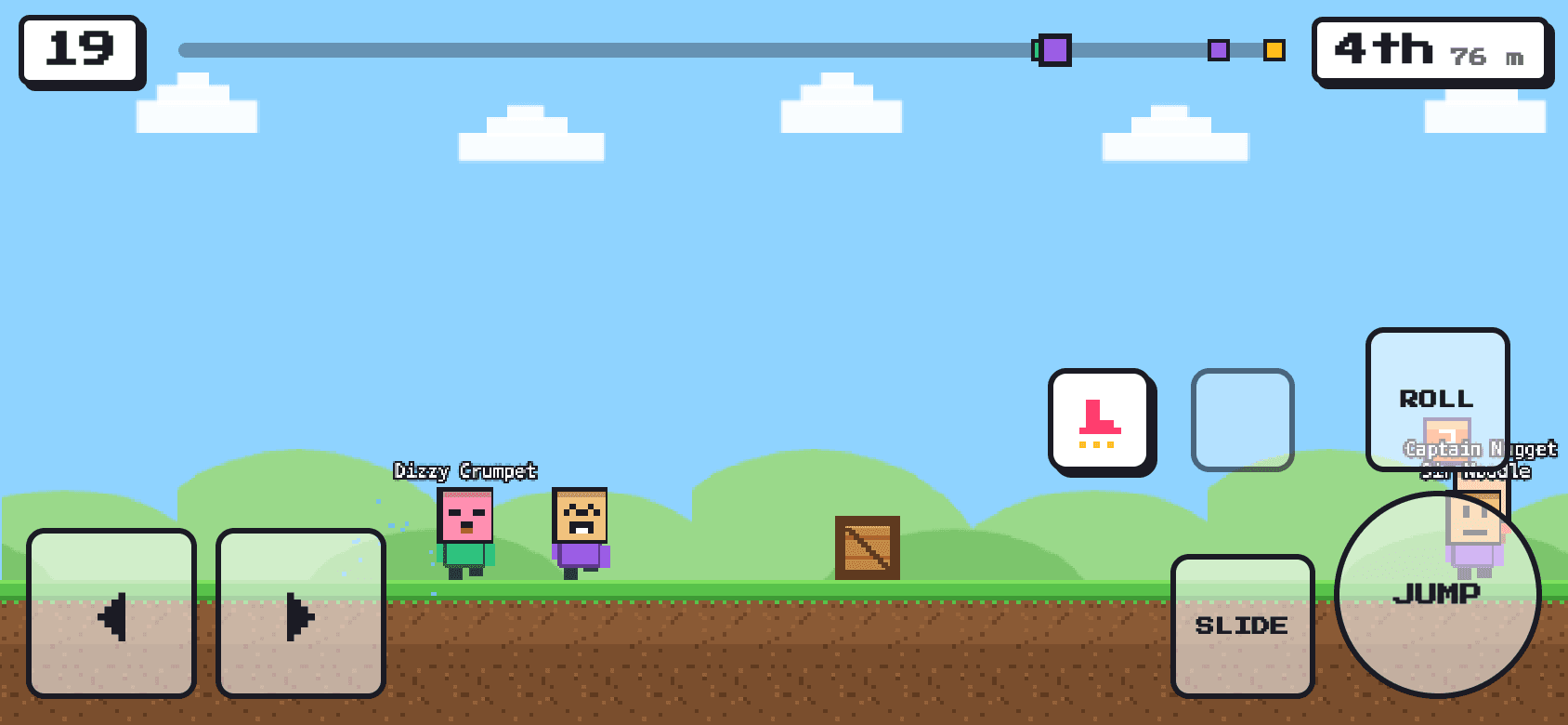A race in Nudgeheads: blocky racers running across grass towards a ? block