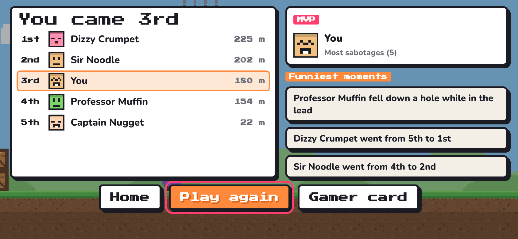 The results screen with finishing places, the MVP and the funniest moments